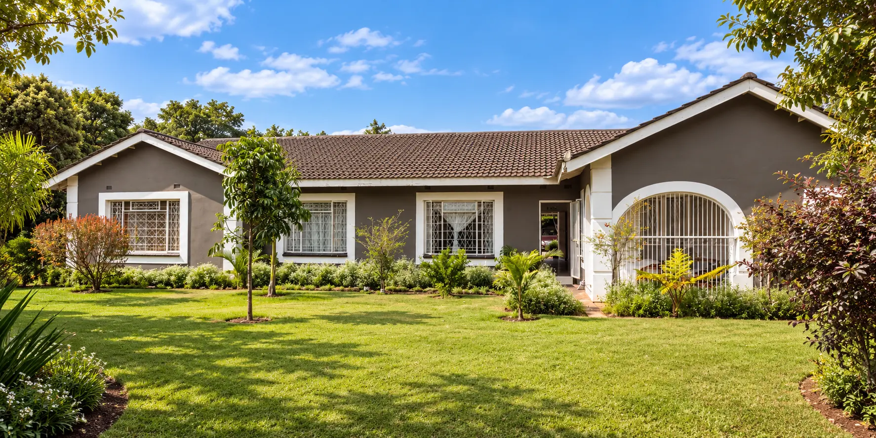 Classic suburban bungalow with an arched veranda and mature front garden