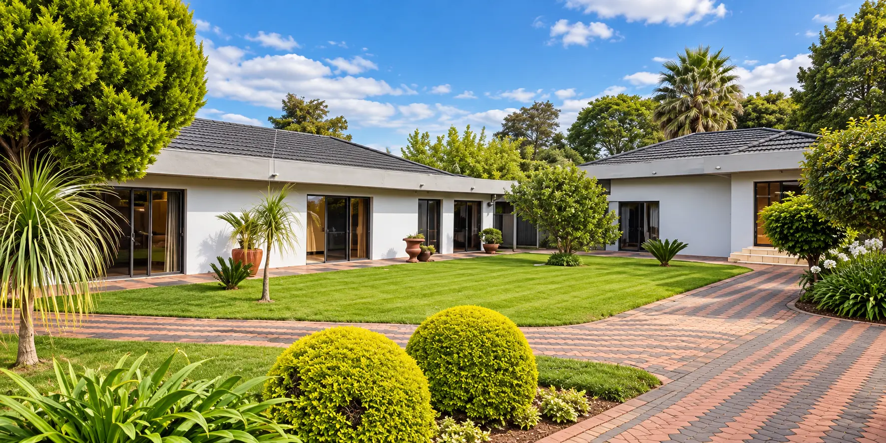 Single-storey home with wide sliding doors opening onto a manicured lawn and paved courtyard
